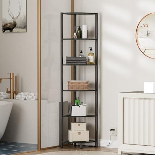 Furnulem 6 Tier LED Light Standing Shelf, 67.5” Tall, Black Narrow Bookshelf with Storage