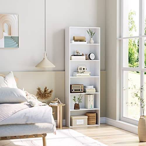 Fotosok 6-Tier White Open Bookshelf for Living Room, Bedroom, and Office