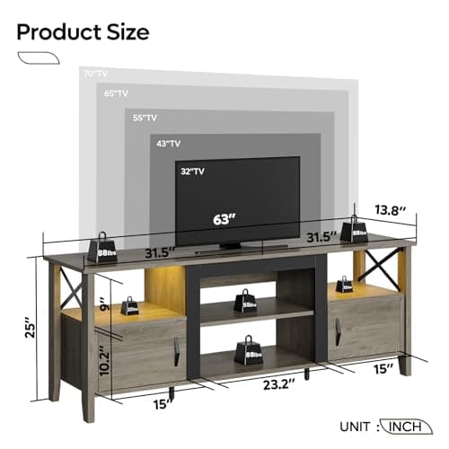 Bestier 63" Grey Wash Farmhouse TV Stand with LED Lights and Storage