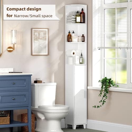 MOHOPE 74.8" Tall Corner Cabinet with Door, 5-Tier White Display Shelf