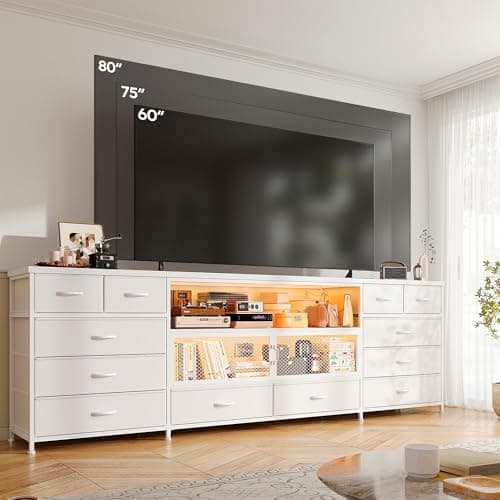 EnHomee 71" TV Stand for 85/80/75 Inch TVs with LED & Charging, Large White Console