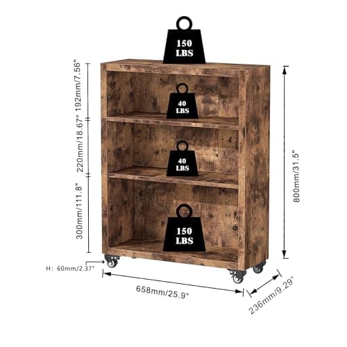 FUSUNBAO 3-Tier Antique Brown Bookshelf with Wheels for Living Room/Bedroom/Office