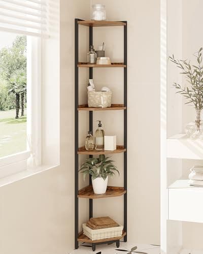 6-Tier Rustic Brown Corner Shelf Stand for Living Room, Home Office, Bedroom (CS06001B)