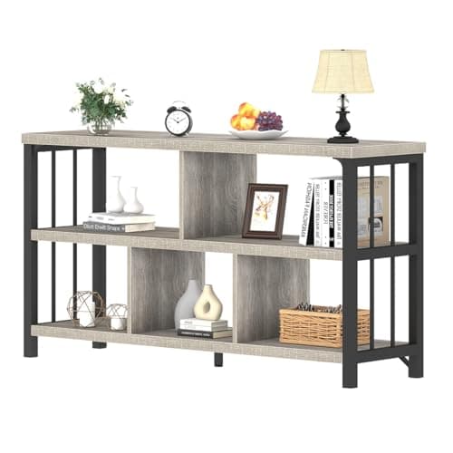 IBF Farmhouse 63" Long Wood Metal Bookshelf with 5 Cube Storage for Home Office and Living Room, Rustic Brown