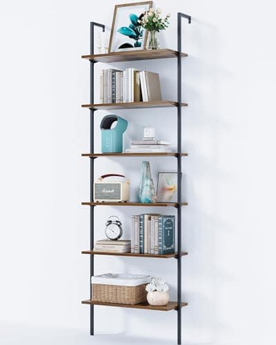 6-Tier Wall Mounted Ladder Shelf with Metal Frame, Rustic Brown