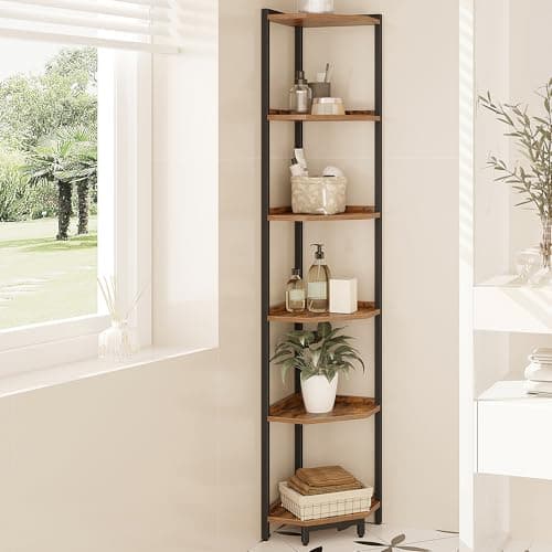 6-Tier Rustic Brown Corner Shelf Stand for Living Room, Home Office, Bedroom (CS06001B)