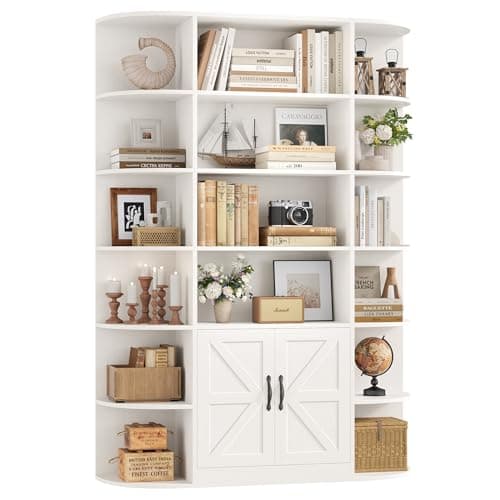 75" Tall BOOK SHELF & BOOKCASE, 6 Tier Storage, 47" Wide with Doors, Dark Brown Wood Shelves, Home Office Cabinet