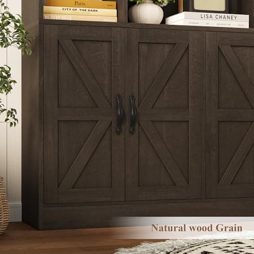 75" Tall BOOKSHELF with Storage, 47" Wide, 4 Doors, Dark Brown, Modern Farmhouse