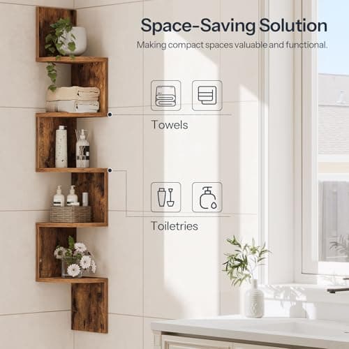 HOOBRO 5-Tier Rustic Brown Floating Corner Shelves for Living Room, Bedroom & More