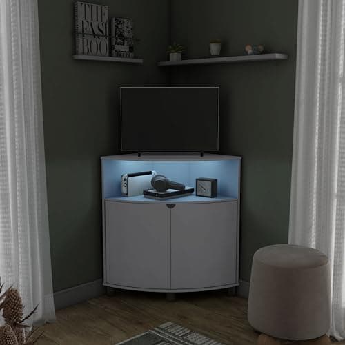 Berg Modern 31-inch LED Corner Cabinet, 16 Colors, USB Charge, White TV Stand