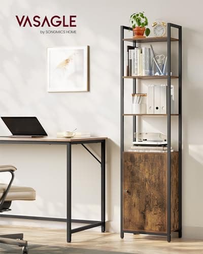 VASAGLE 6-Tier Tall Bookcase with Door, Rustic Brown & Ink Black