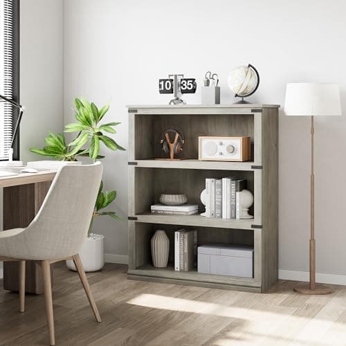 GAOMON 3 Tier Grey Farmhouse Bookshelf with Storage