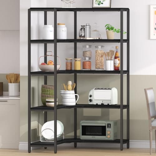 IBF 5-Tier Black Corner Bookshelf, Modern L-Shaped Storage Organizer