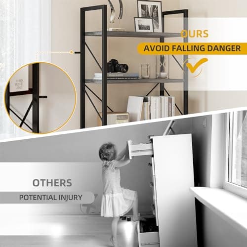 DWVO 5 Tier Charcoal Gray Industrial Bookshelf for Bedroom, Living Room, and Office