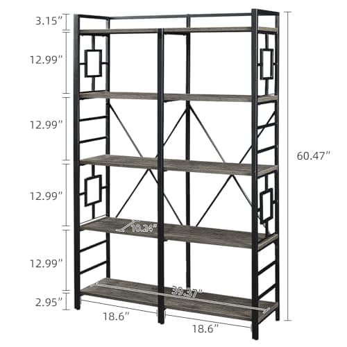 Industrial Double Wide 5 Tier Bookshelf for Home and Office Display