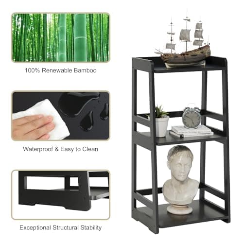 3-Tier Black Ladder Bookshelf, Solid Wood Storage Organizer for Bathroom & Living Room