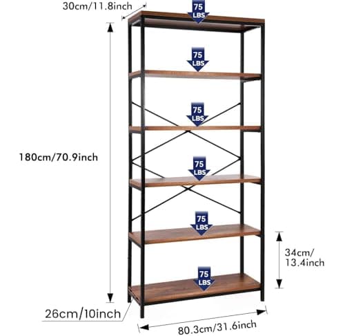 Himimi 6 Tier Vintage Standing Bookshelf for Living Room & Home Office