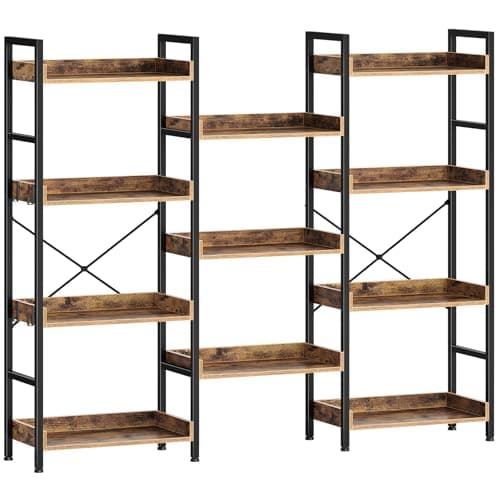 Rolanstar Industrial Wide Bookshelf with Metal Frame, Rustic Brown, 4 Tiers + 4 Hooks
