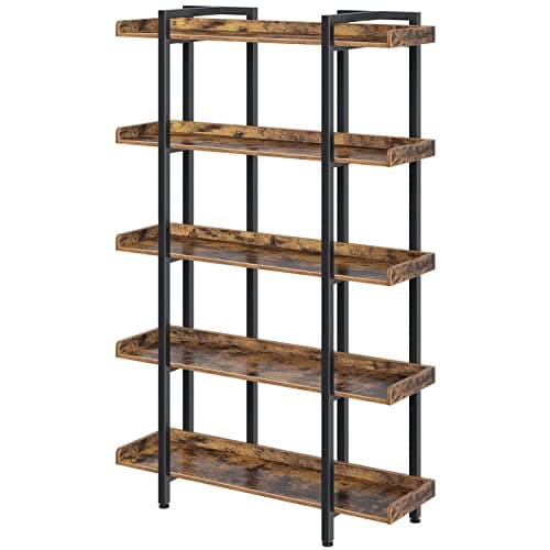 Rolanstar 5-Tier Industrial Bookshelf, Large Rustic Brown Home Office Shelf