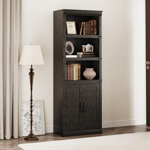 GAOMON 5 Tier Farmhouse Bookcase with Doors, 70 inch Tall Storage Cabinet