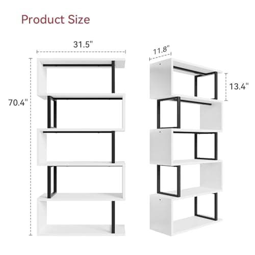 MXV 70.4" Tall S-Shaped 5-Tier White Home & Office Bookshelf