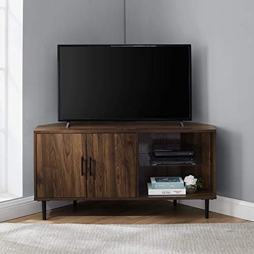Walker Edison Dark Walnut 2 Door Glass Shelf TV Stand, Fits up to 55" TVs