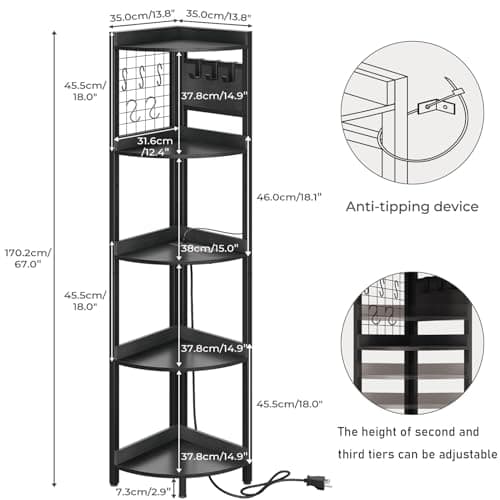 Dripex 5 Tier Black Corner Shelf with Power Outlets & Strip Lights