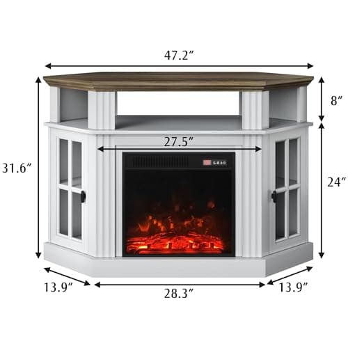 Corner Fireplace TV Stand for TVs up to 55 with Storage Cabinets, Entertainment Center, White＆Rustic Design