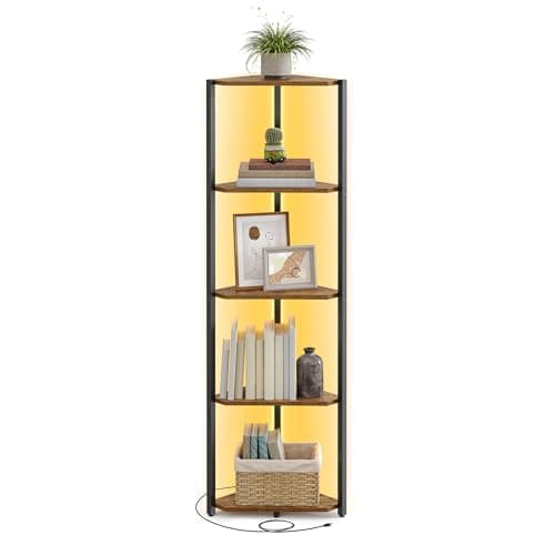 VASAGLE 5-Tier Corner Shelf Stand with LED Lights, Rustic Brown, for Living Room, Bedroom, and Study