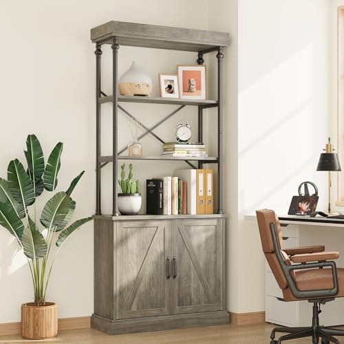 IDEALHOUSE Tall Bookshelf with Doors 73.62in Industrial Open Rack Shelf Wood & Metal