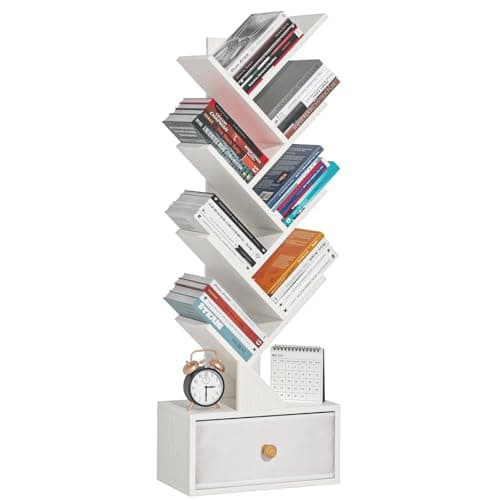 Natural 8-Tier Standing Wood Bookshelf with Drawer for Narrow Spaces