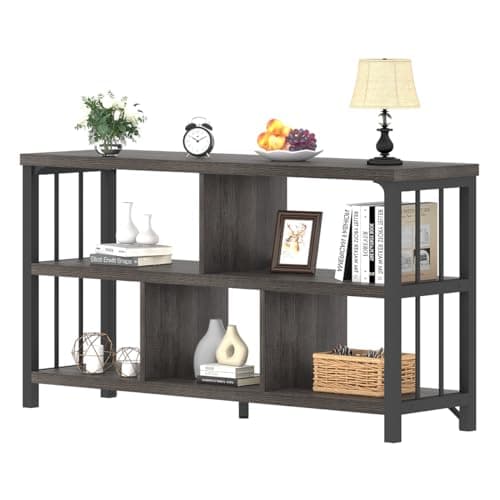 IBF Farmhouse 63" Long Wood Metal Bookshelf with 5 Cube Storage for Home Office and Living Room, Rustic Brown