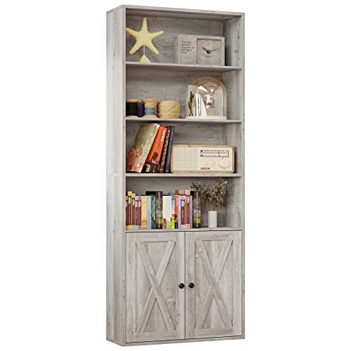 IRONCK Floor Standing 6-Shelf Bookcase with Doors 70 in Tall for Home Office and Living Room