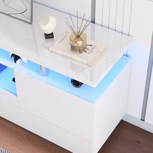 Modern 70in High-Gloss LED TV Stand, White with Open Shelves & Drawer