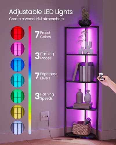 VASAGLE Ebony Black 5-Tier LED Corner Bookshelf ULBC590B01