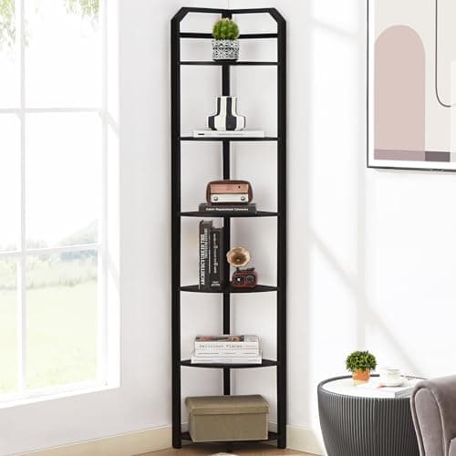 6-Tier Industrial Brown Corner Bookshelf for Home Office & Living Room