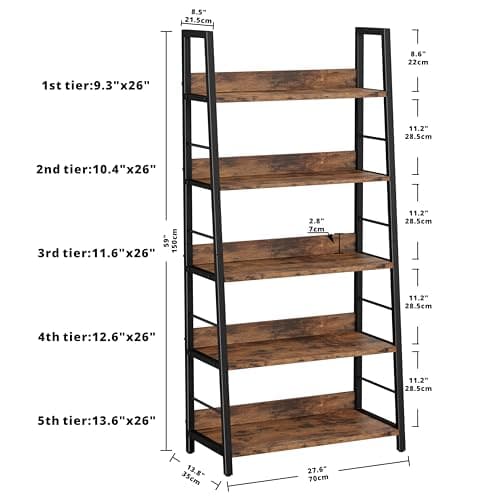 IRONCK 5-Tier Rustic Brown Ladder Shelf Bookcases for Living Room and Home Office