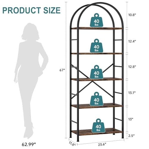 Shintenchi Arched 5-Tier Bookshelf, Tall Rustic Brown for Home Office or Bedroom