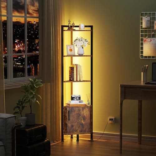 Narrow 5-Tier LED Corner Shelf with Storage for Bedroom, Living Room, Kitchen - Rustic Brown Wood Display Shelf