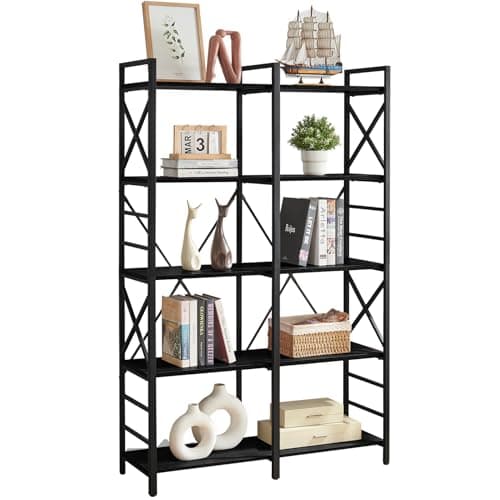 HOMBAZAAR Industrial Double Wide 5 Tier Black Bookshelf
