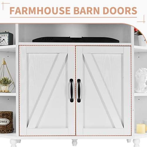 4 EVER WINNER 55-Inch Corner TV Stand with LED Lights and Adjustable Shelves, Farmhouse Style with Barn Doors, White