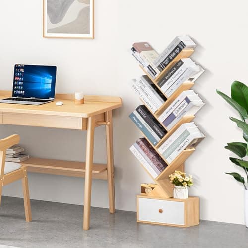 Natural 8-Tier Standing Wood Bookshelf with Drawer for Narrow Spaces