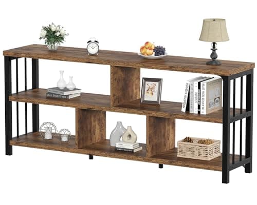 IBF Farmhouse 63" Long Wood Metal Bookshelf with 5 Cube Storage for Home Office and Living Room, Rustic Brown