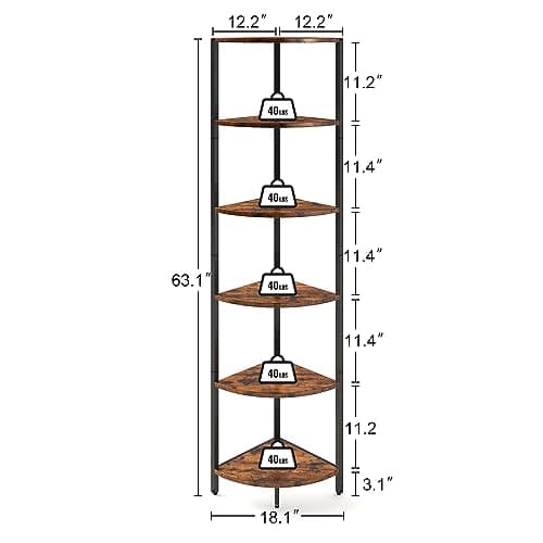 Industrial 6 Tier Corner Shelf: 63.1 Tall Rustic Bookcase for Living Room or Bedroom