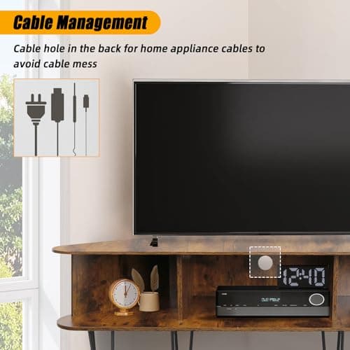 Corner TV Stand with Open Storage and Cable Hole, Brown