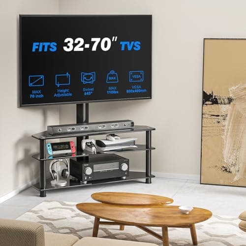 Swivel Glass TV Stand with Mount for 32-70 Inch Screen TV, Height Adjustable Entertainment Center