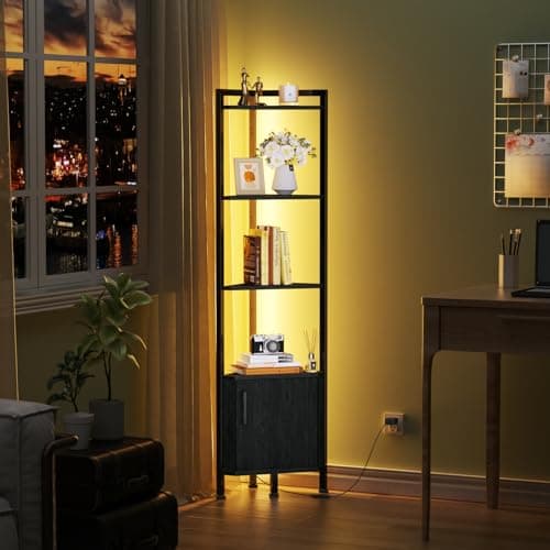 Furnulem Black Oak 5-Tier Corner Cabinet with LED Light and Storage (62.8")