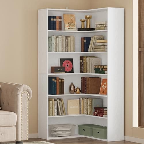 ANCTOR White 6-Tier Corner Bookshelf with Baffles for Living Room and Home Office