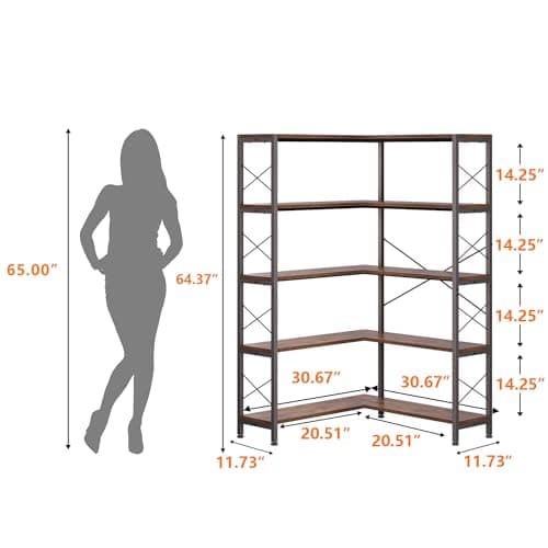 Industrial 5-Tier L-Shaped Bookcase with Metal Frame for Living Room and Office
