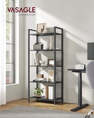 VASAGLE 5-Tier Industrial Style Bookshelf, Ebony & Ink Black, Living Room, Home Office ULLS061B56